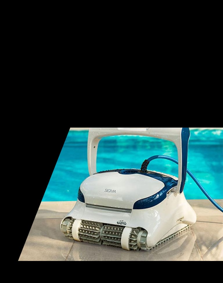 Dolphin Sigma robotic pool cleaner on a sunny pool deck