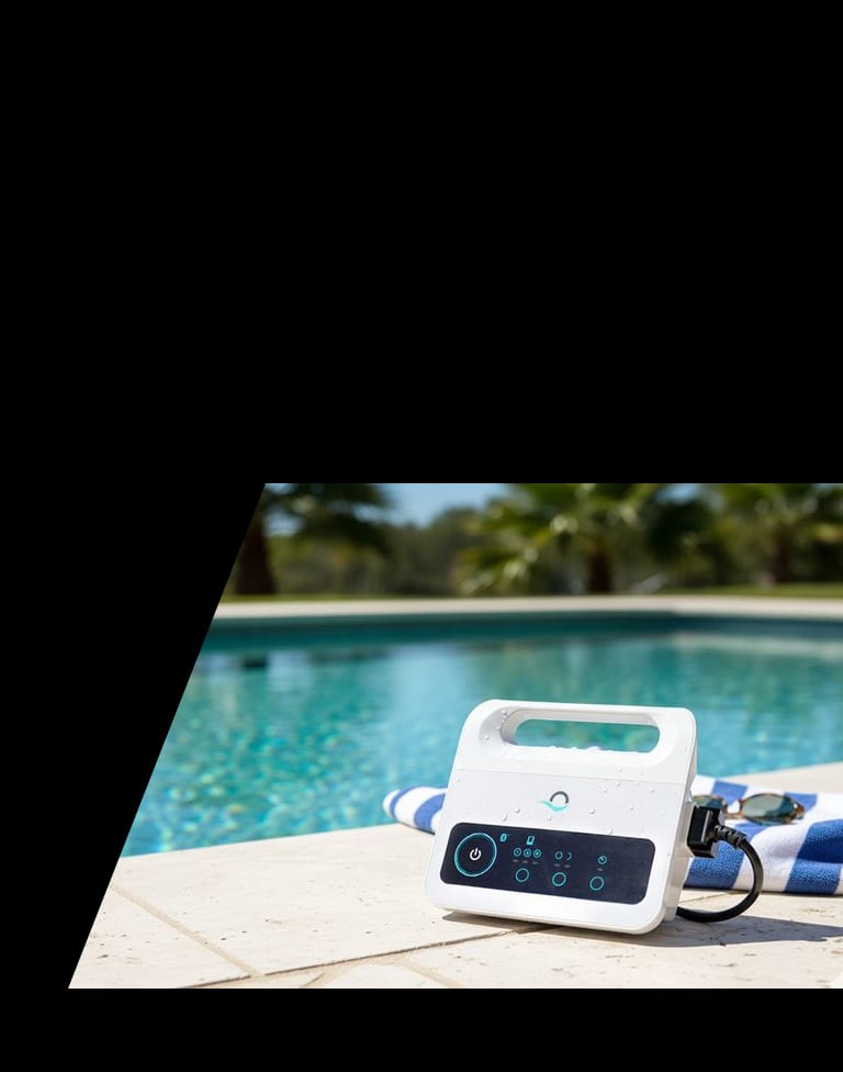 Dolphin power supply with a programmable weekly timer beside a swimming pool